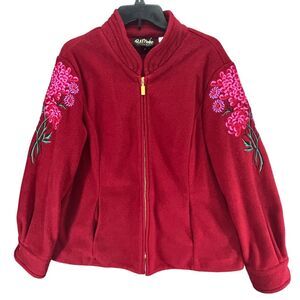 Bob Mackie Jacket Women L Red Fleece Floral Embroidered Art Full Zip Coat Cozy